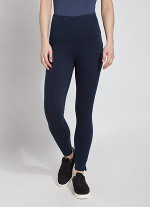 color=Indigo, front view, plus size denim skinny jean leggings with concealed smoothing waistband for flattering fit