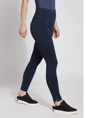 color=Indigo, Side view of indigo denim skinny jean legging with concealing waistband