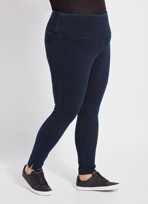 color=Indigo, side view, plus size denim skinny jean leggings with concealed smoothing waistband for flattering fit