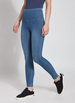 color=Mid Wash, Rear detail mid wash blue denim skinny jean legging with concealing waistband