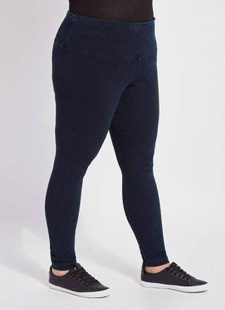 color=Indigo, side view, ankle length denim jean leggings with concealed waistband for flattering, slimming fit, best selling jegging