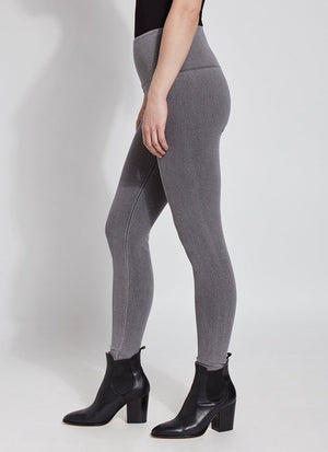 color=Mid Grey, side view, ankle length denim jean leggings with concealed waistband for flattering, slimming fit, best selling jegging