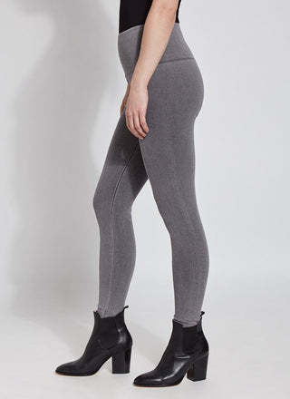 color=Mid Grey, side view, ankle length denim jean leggings with concealed waistband for flattering, slimming fit, best selling jegging