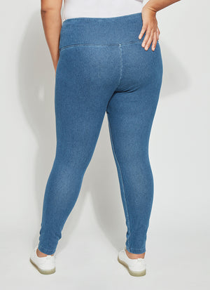 color=Mid Wash, back view, ankle length denim jean leggings with concealed waistband for flattering, slimming fit, best selling jegging