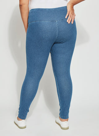 color=Mid Wash, back view, ankle length denim jean leggings with concealed waistband for flattering, slimming fit, best selling jegging