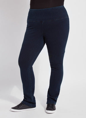 color=Indigo, front view, curvy denim straight leg pant legging, flattering and slimming concealed waistband