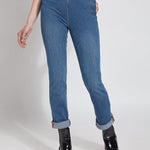 color=Mid Wash, front view, plus size boyfriend cut denim leggings with comfort waistband to smooth and slim 