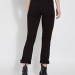 color=Black, back view, plus size boyfriend cut denim leggings with comfort waistband to smooth and slim 