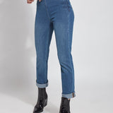 color=Mid Wash, front view, plus size boyfriend cut denim leggings with comfort waistband to smooth and slim 