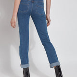 color=Mid Wash, back view, plus size boyfriend cut denim leggings with comfort waistband to smooth and slim 