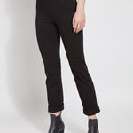 color=Black, front view, plus size boyfriend cut denim leggings with comfort waistband to smooth and slim 