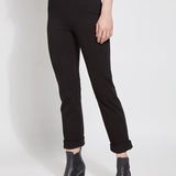 color=Black, front view, plus size boyfriend cut denim leggings with comfort waistband to smooth and slim 