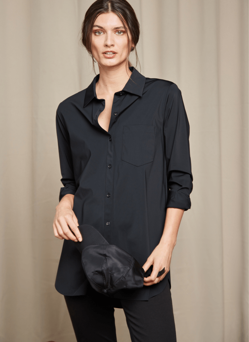 color=Black, front view of best selling women's button up shirt in soft resilient microfiber