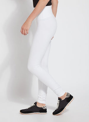 color=White, side view, stretch cotton leggings, yoga pants, with smoothing comfort waistband and lifting, contouring seaming 