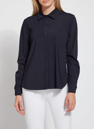 color=True Navy, front view, slim fit women’s button up shirt with curved hem, made with wrinkle resistant microfiber