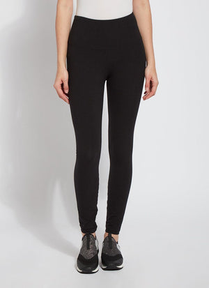 color=Black, front view, stretch cotton leggings, yoga pants, with smoothing comfort waistband and lifting, contouring seaming 