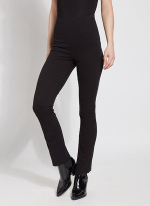 color=Black, Front view black denim straight leg jean leggings with patented concealing waistband