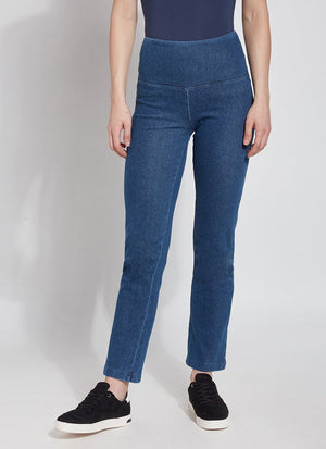 color=Mid Wash, Detailed angled back view of mid wash blue denim straight leg jean leggings with patented concealing waistband