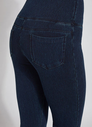 color=Indigo, back detail, curvy denim straight leg pant legging, flattering and slimming concealed waistband